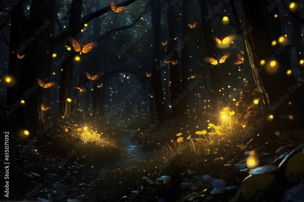 Obraz premium Many small fireflies in the dark magical forest Generative AI