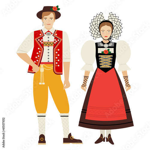 girl and young man in Swiss folk costume isolated on a white background. couple of young people in the national traditional clothes of Switzerland. flat drawing in cartoon style. stock vector EPS.