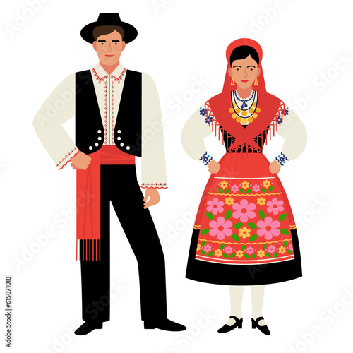 girl and young man in Portuguese folk costume isolated on a white background. couple of young people in the national traditional clothes of Portugal. flat drawing in cartoon style. stock vector EPS.