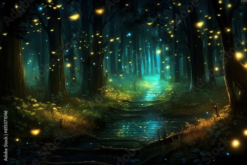 Many small fireflies in the dark magical forest Generative AI