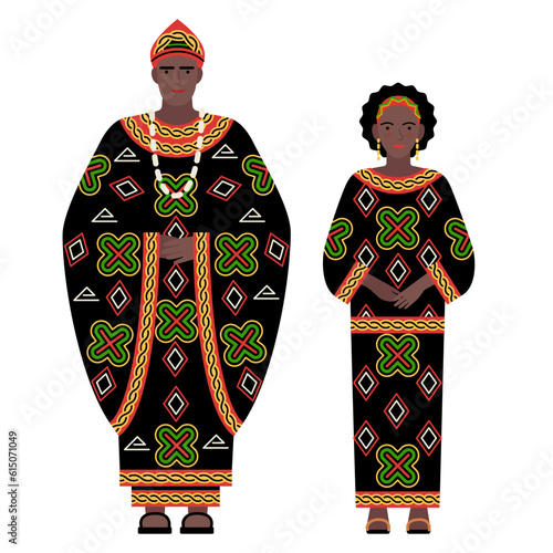 girl and young man in Cameroonian folk costume isolated on a white background. couple of young people in the national traditional clothes of Cameroon. flat drawing in cartoon style. stock vector EPS.