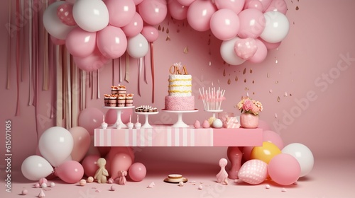 A beautiful pink girl background with birthday party concept. Generative AI.