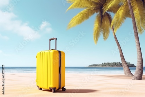 Suitcase, hat and sunglasses on the sand at a beach. Travel concept © Creative Clicks