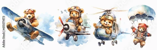 Naklejka na ścianę Safari Animal set bears flying by helicopter, plane and parachute in watercolor style.bear doll illustration on white background. Isolated 