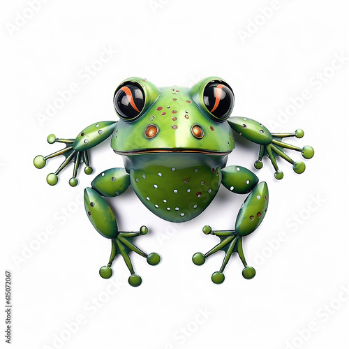 Textured green metal frog made of  scrap metal in the style of salvagepunk against a white background.  Generative AI. photo