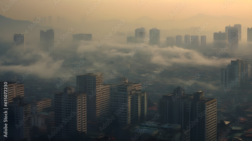 Urban landscape covered in layers of smog, revealing the harmful effects of air pollution