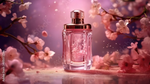 Product shoot  advertising blockbuster  a bottle of perfume made of transparent glass  pink tones  against the background of pink flowers  natural light  transparent 