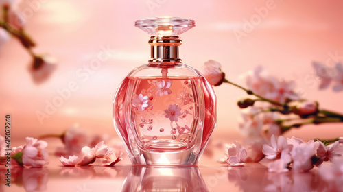 Product shoot, advertising blockbuster, a bottle of perfume made of transparent glass, pink tones, against the background of pink flowers, natural light, transparent,