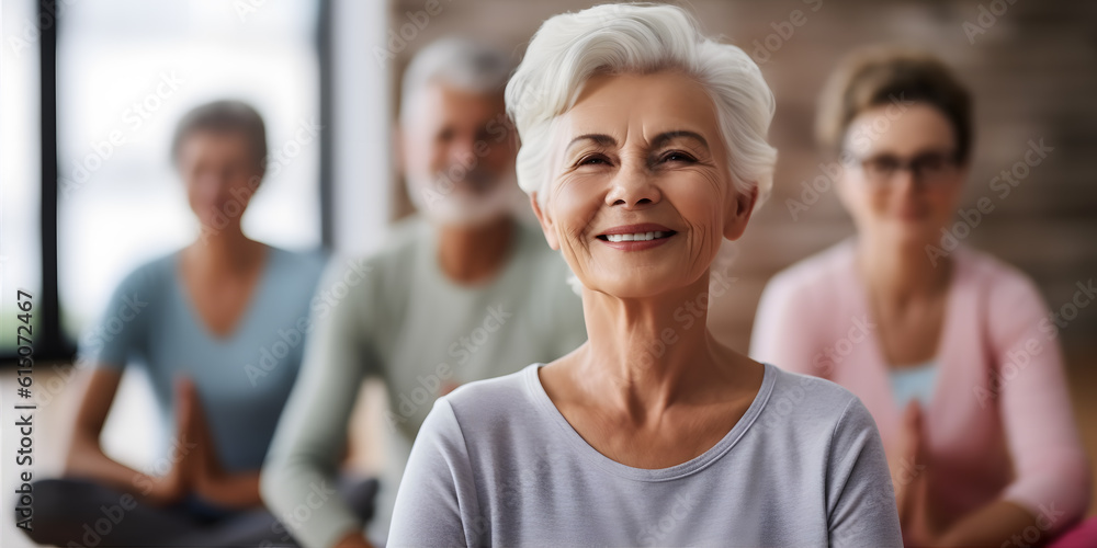 yoga class with a group of elderly people learning new poses and exercising mindfulness and positivity yoga class with a group of elderly people learning new poses and exercising mindfulness and positivity