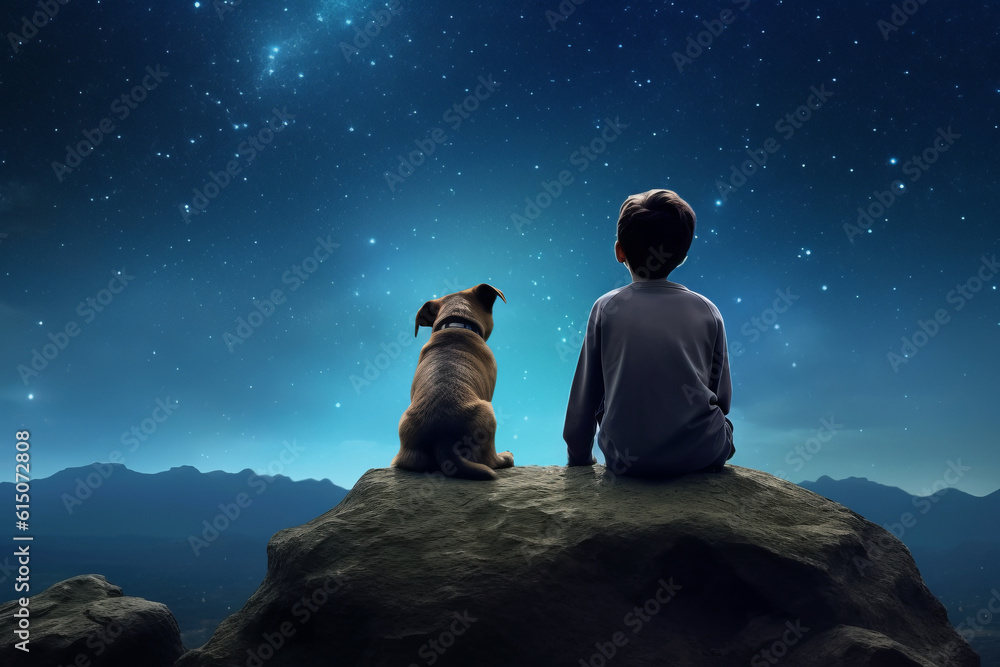 Generative AI. A little boy sits on top of a mountain with a dog and ...