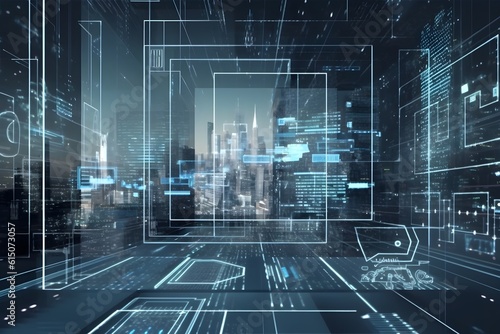Digital transformation and urban futuristic technology, futuristic cityscape with advanced security. AI Generative 