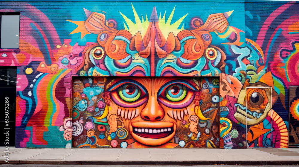 Colorful mural graffiti on a building in a city street Colorful mural graffiti on a building in a city street