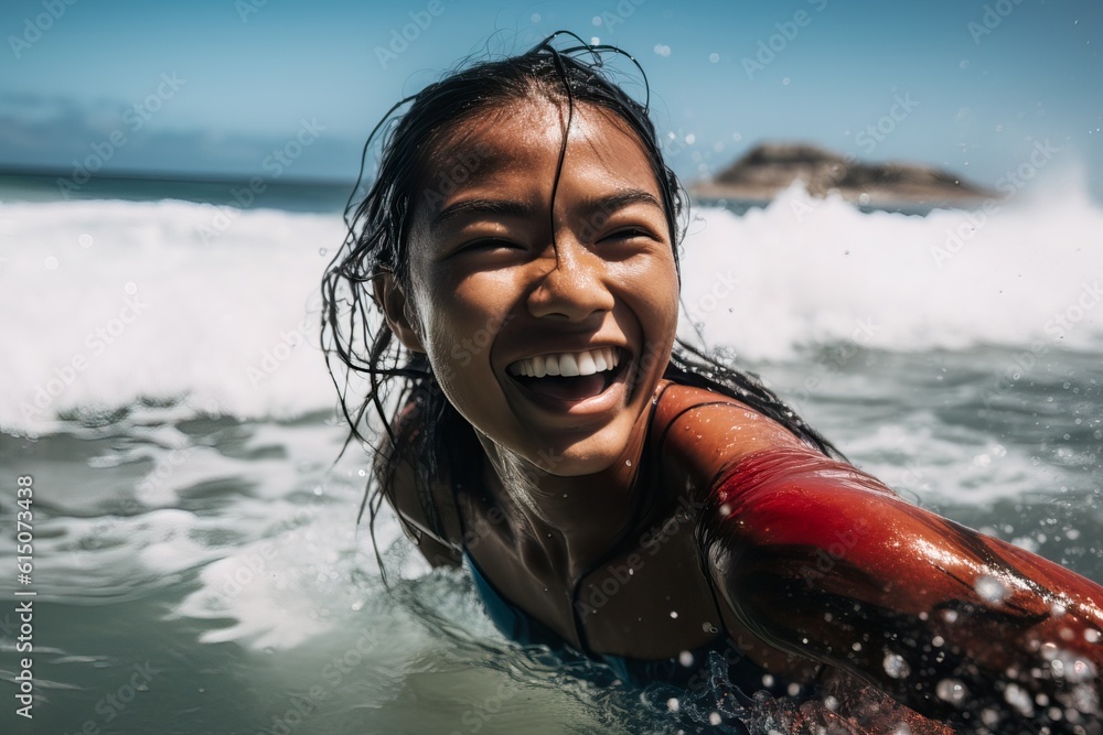 Smiling girl surfing the waves at a tropical beach and having fun