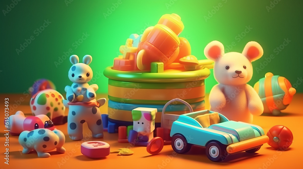Composition of toys and items related to newborn baby boys with vivid colors background Composition of toys and items related to newborn baby boys with vivid colors background