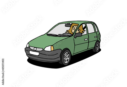 Woman, girl driving a green car. Vehicle, transportation. Colorful cartoon style vector illustration isolated on white background.