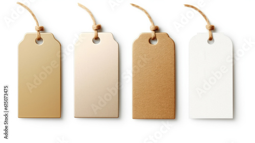 Set of four elegant blank hangtags in beige tones isolated on a white background with copyspace photo