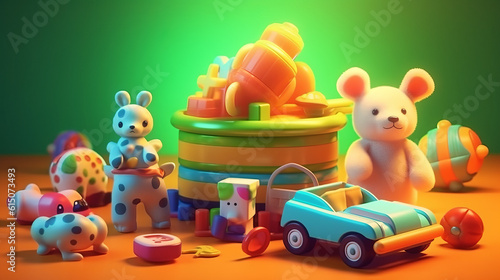 Composition of toys and items related to newborn baby boys with vivid colors background