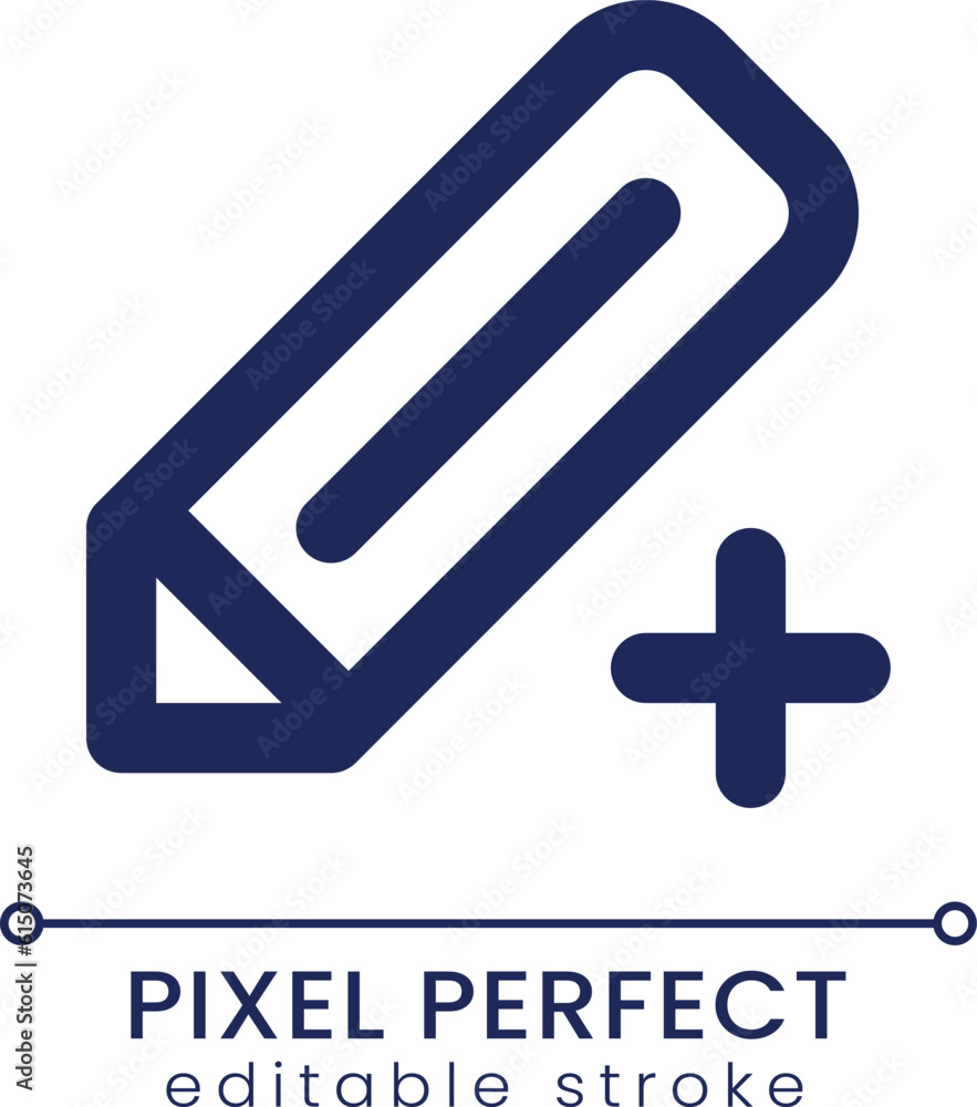 Obraz premium Pencil and plus pixel perfect linear ui icon. Create new drawing. Editing and correcting. GUI, UX design. Outline isolated user interface element for app and web. Editable stroke. Poppins font used