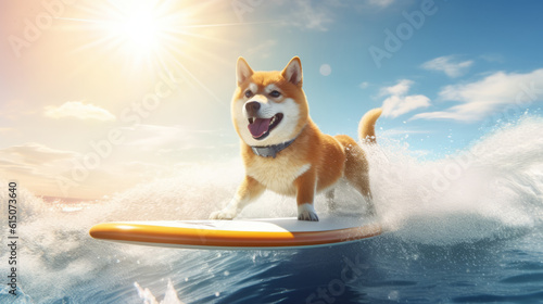Cute shiba inu dog surfing waves on a surfboard on sunny summer day © Keitma