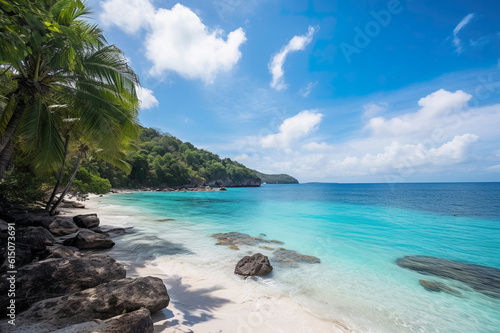 Tropical beach with trees and teal waters with blue skies