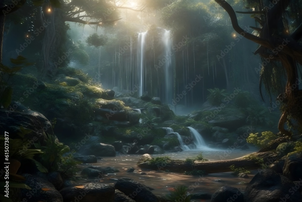 Fototapeta premium Enchanting fairy forest with waterfalls, Mysterious Cave Nestled Within the Forest Embrace. AI Generative 