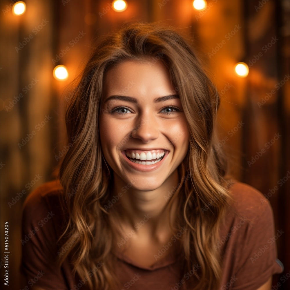 Outdoor portrait of a smiling long-haired girl. Happy cheerful girl laughing at park Outdoor portrait of a smiling long-haired girl. Happy cheerful girl laughing at park