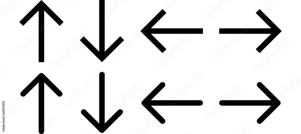 Arrow up, arrow down, arrow left, arrow right. Black arrows flat icons set. Vector isolated on white background. Arrow up, arrow down, arrow left, arrow right. Black arrows flat icons set. Vector isolated on white background.