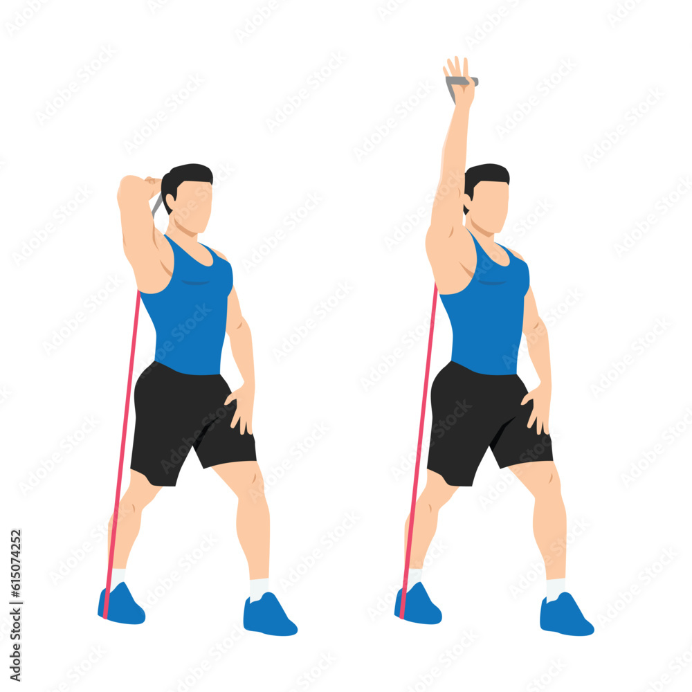 Man doing Resistance band tricep overhead extensions exercise. Flat vector illustration isolated on white background Man doing Resistance band tricep overhead extensions exercise. Flat vector illustration isolated on white background