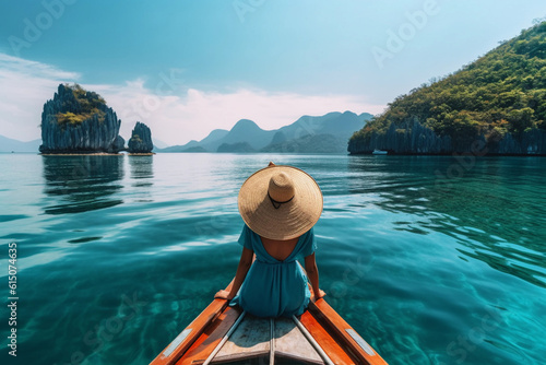 Woman wearing a hat and travelling on a boat through Asia. Thailand. Summer holiday and vacation concept