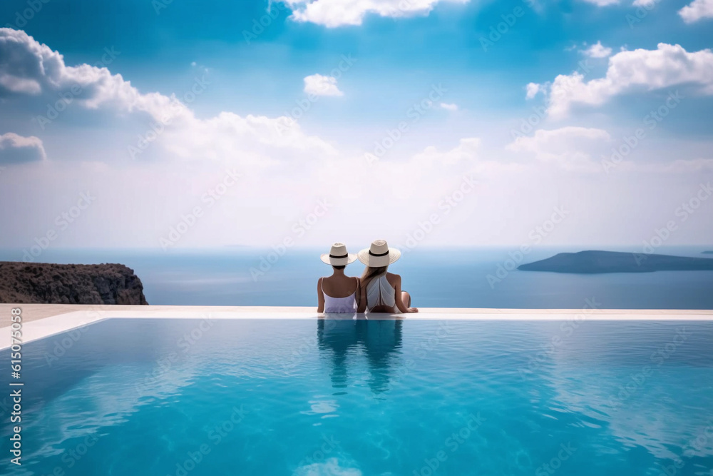 Couple on holiday in a swimming pool in front of the sea. Holiday and vacation concept