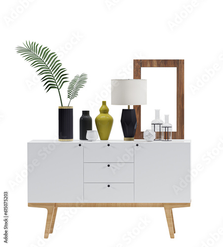 Bilde på lerret Retro style, wooden and white   sideboard with green plants and photo frame mock