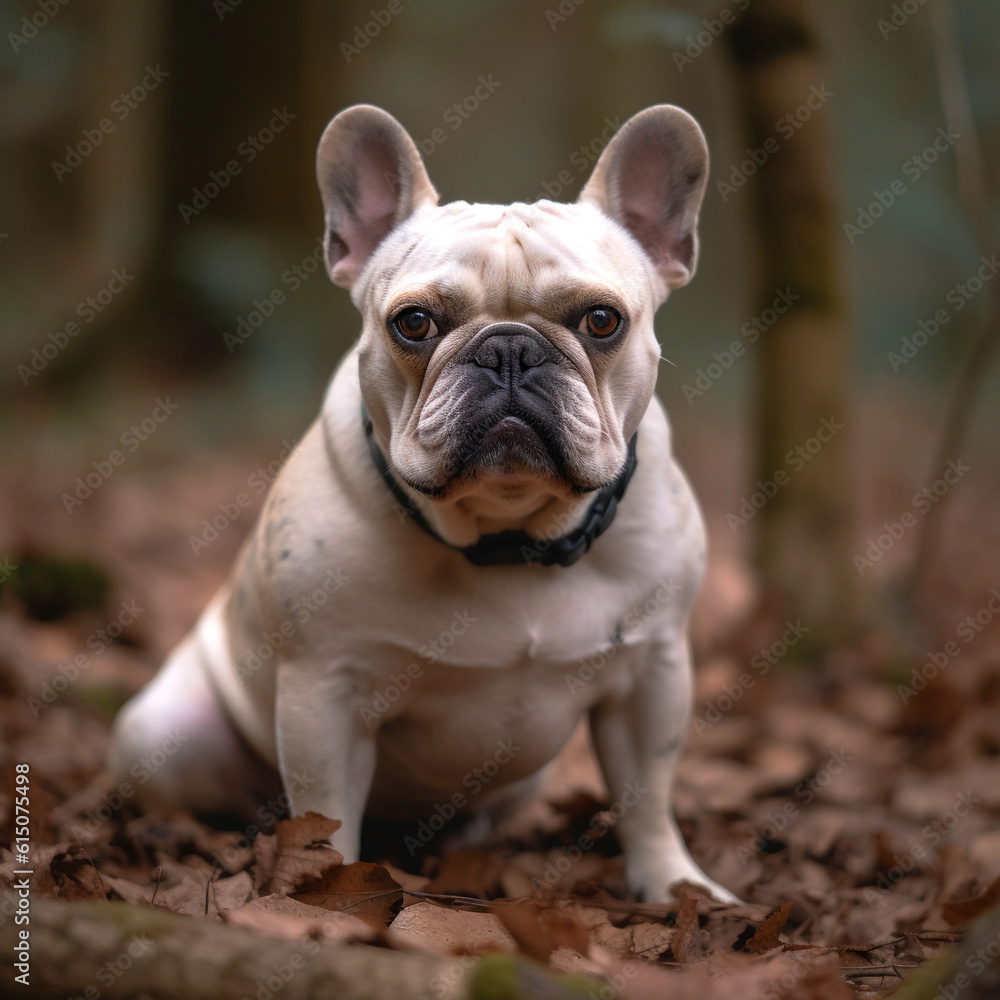 French Bulldog dog sitting, front view, looking serious into the camera, pet portrait, outdoor image, full body, matte photo, hight quality, sharp focus, blurred background
