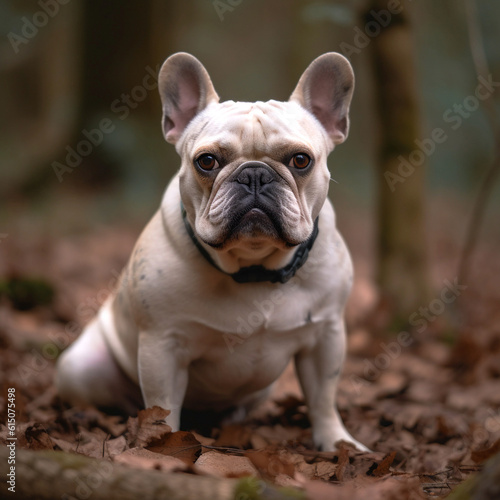 French Bulldog dog sitting, front view, looking serious into the camera, pet portrait, outdoor image, full body, matte photo, hight quality, sharp focus, blurred background  © elvil