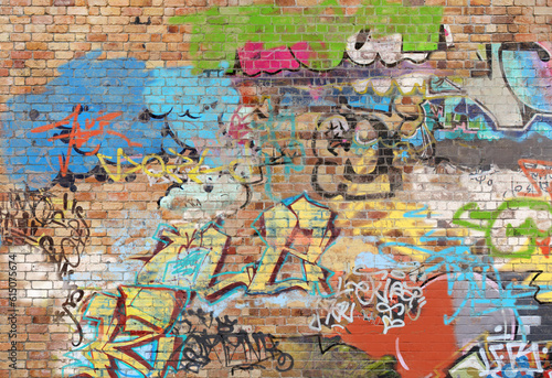 Graffiti on brick wall  composite of various images  layered and altered digitally so as to be non-identifiable.