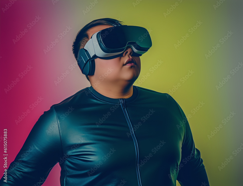 AI-generated illustration features a stylish man wearing a virtual reality (VR) headset. Reminiscent of the 80s, charming retro aesthetics with the possibilities of futuristic tech. AI-generated illustration features a stylish man wearing a virtual reality (VR) headset. Reminiscent of the 80s, charming retro aesthetics with the possibilities of futuristic tech.