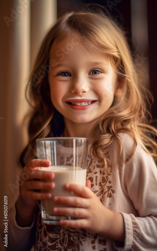 Little smiling child drinks milk while holding a full glass in hand