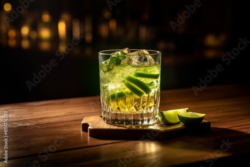 a caipirinha cocktail with lime, ice, and cachaça, set against a rustic bar backdrop. photo