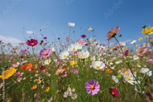 Beautiful multicolored flowers in meadow in spring summer nature against blue sky. Ai generative. © Nataly