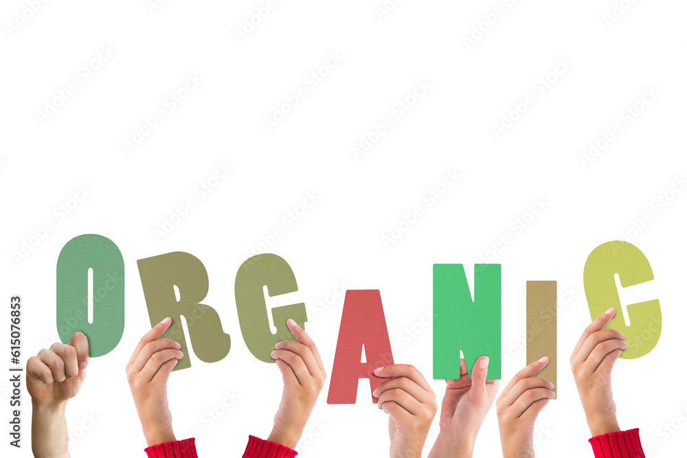 Digital png illustration of hands holding organic text letters on transparent background Digital png illustration of hands holding organic text letters on transparent background