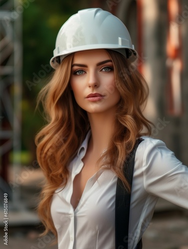 Portrait of engineer woman with helmet. Close-up of female contractor or entrepreneur, outdoor shot, AI generative
