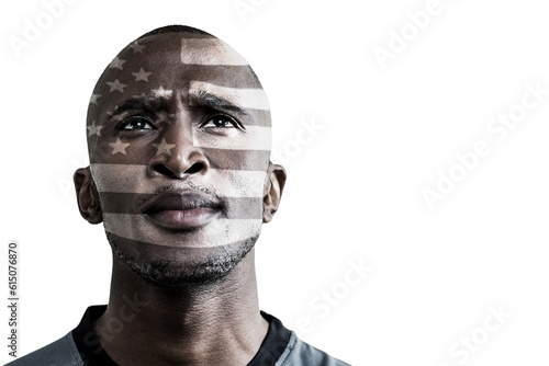 Digital png photo of biracial man with flag of usa on face on transparent background