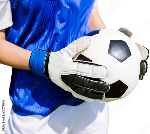 Digital png photo of caucasian male goalkeeper holding football on transparent background