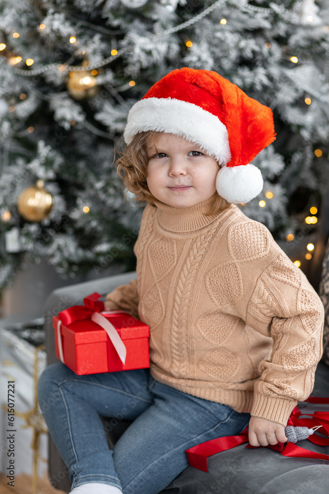 Portrait of a cute little girl in a beautiful knitted sweater ad a red Santa hat near decorated Christmas and new year tree at home. Smiling, cheerful and happy, holding red gift box Portrait of a cute little girl in a beautiful knitted sweater ad a red Santa hat near decorated Christmas and new year tree at home. Smiling, cheerful and happy, holding red gift box