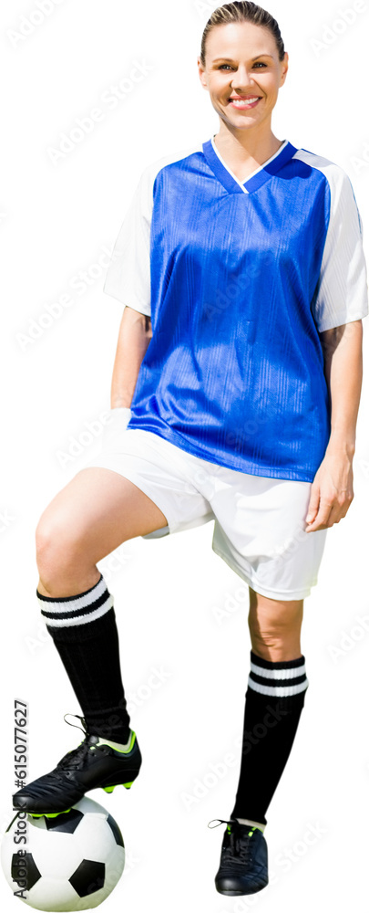 Digital png photo of caucasian female football player with football on transparent background Digital png photo of caucasian female football player with football on transparent background