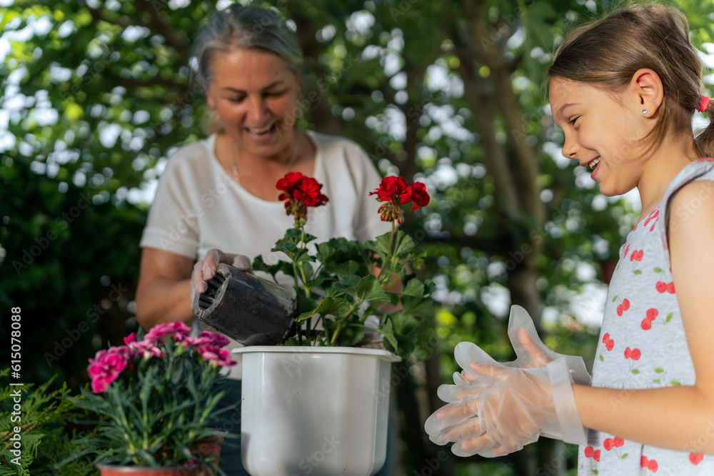 The young girl and her grandma work side by side in the garden, planting and transplanting flowers. Their hands covered in soil, they nurture new life with care and love
