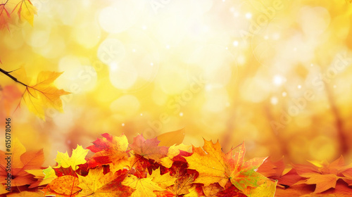 Colorful universal natural autumn background for design with orange leaves and blurred background.