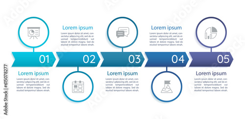 Business planning chart design template. Editable infochart with icons. Instructional graphics with 5 step sequence. Visual data presentation. Myriad Variable Concept, Arial Regular fonts used