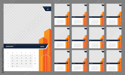 Architecture and construction service wall calendar design template for 2023 year. Editable 12 months pages set. Week starts on Sunday. Monthly custom poster pack ready for print. Open Sans font used