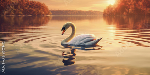 swan on lake at sunset (AI generated) photo