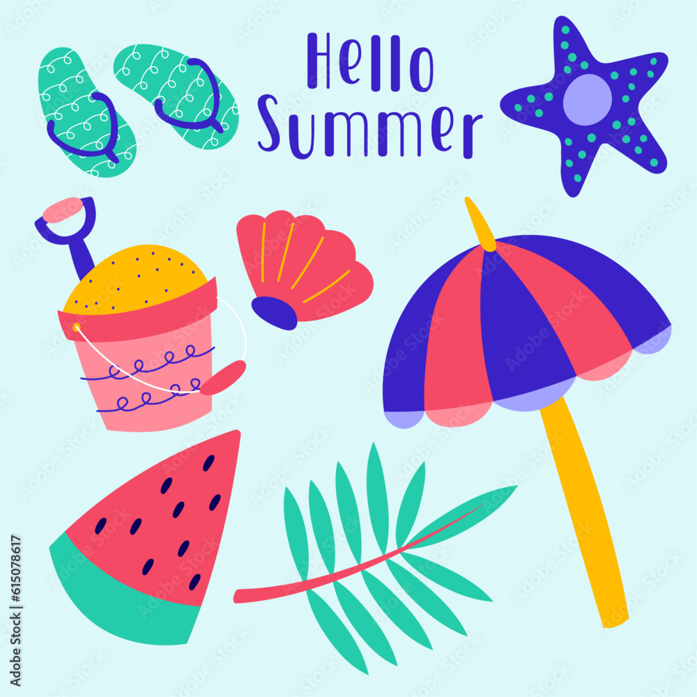 Hello summer cute cartoon sticker. Hand drawn enjoy pop summertime cool cartoon doodle starfish shell watermelon umbrella bundle of exotic tropics icons beach party relax paradise graphic print vector